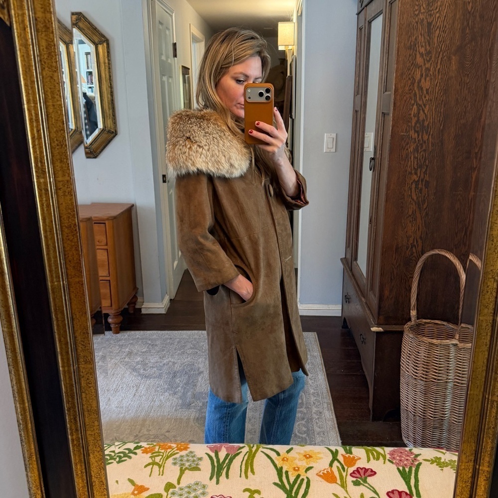 Rare Vintage Brown Suede Coat with Fur Collar
